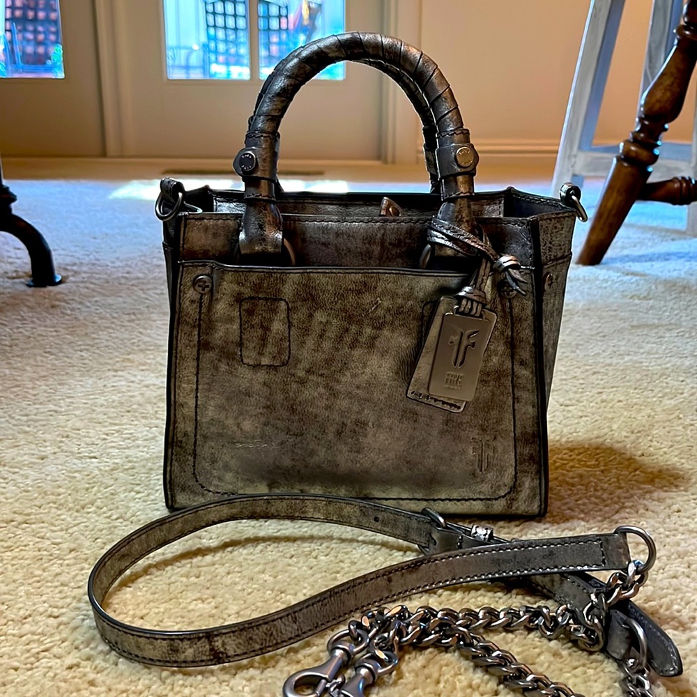 FRYE Silver Metallic Satchel Small Tote Handbag Purse